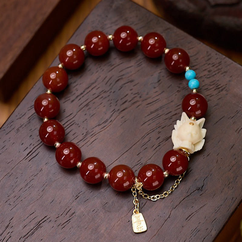 Red Agate and Tagua Nut Fox Bracelet with Turquoise and Gold Plated Copper Accents