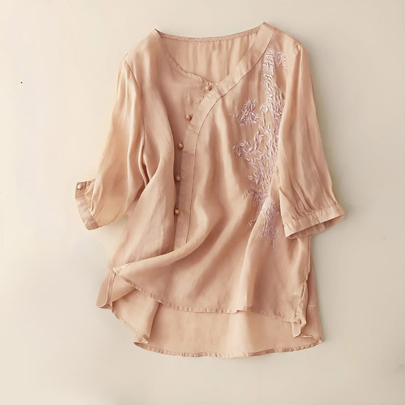 Cotton Linen Embroidered V-Neck Mindful Shirt