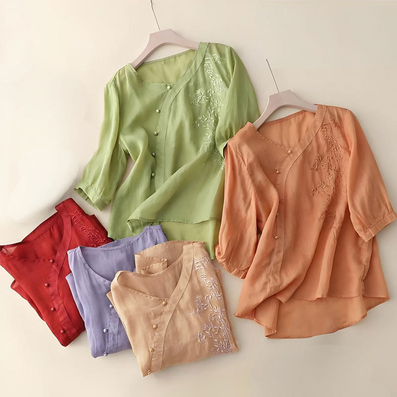 Cotton Linen Embroidered V-Neck Mindful Shirt
