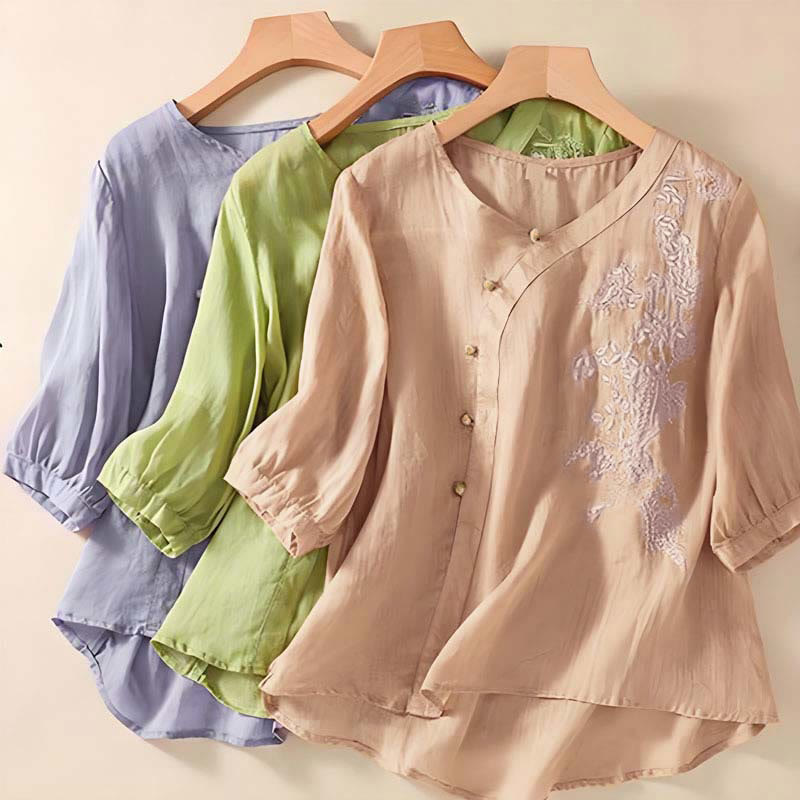 Cotton Linen Embroidered V-Neck Mindful Shirt