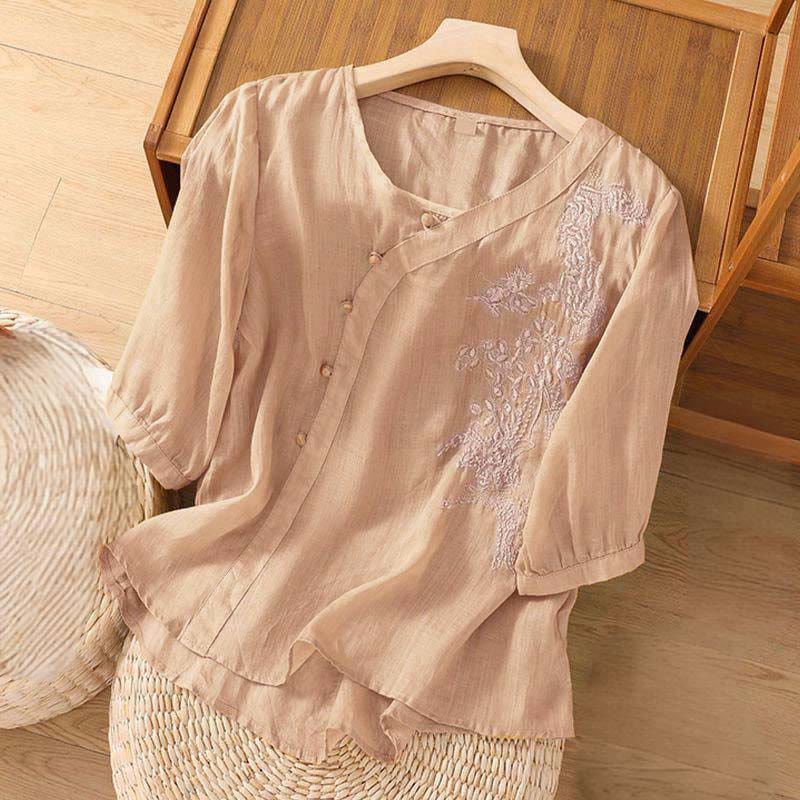 Cotton Linen Embroidered V-Neck Mindful Shirt