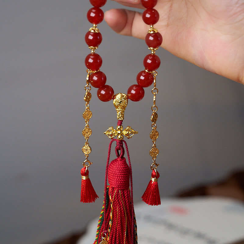 18 Beads Copper Coins Tibet Tassel Red Agate Calm Wrist Mala