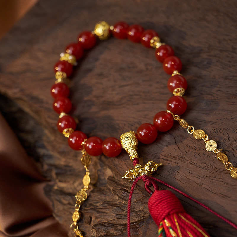 18 Beads Copper Coins Tibet Tassel Red Agate Calm Wrist Mala