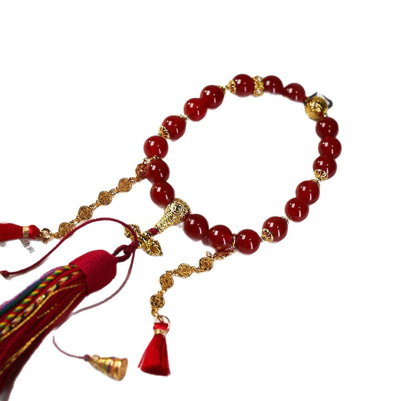 18 Beads Copper Coins Tibet Tassel Red Agate Calm Wrist Mala