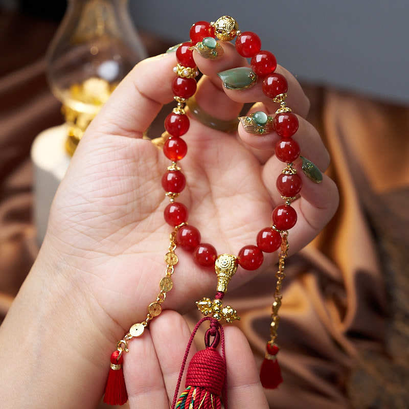 18 Beads Copper Coins Tibet Tassel Red Agate Calm Wrist Mala