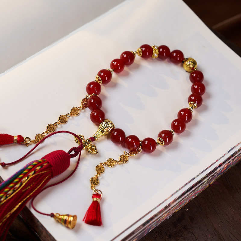 18 Beads Copper Coins Tibet Tassel Red Agate Calm Wrist Mala