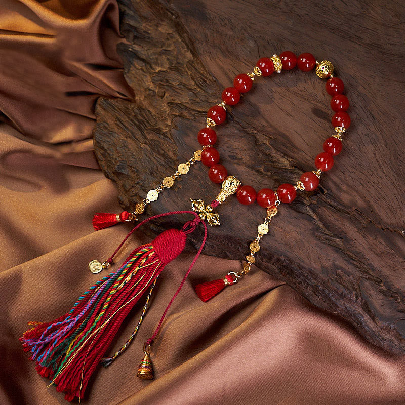 18 Beads Copper Coins Tibet Tassel Red Agate Calm Wrist Mala