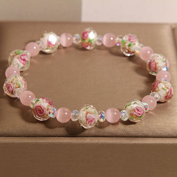 Rose Quartz and Liuli Glass Bead Bracelet with Clear Quartz and Cat's Eye