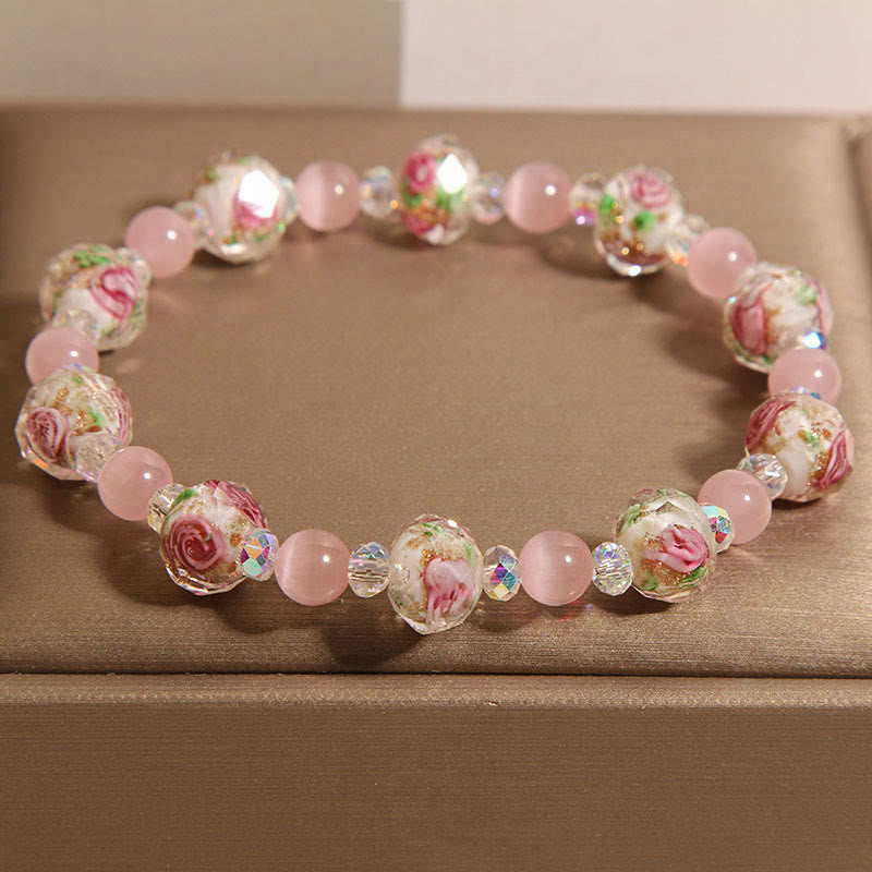 Rose Quartz and Liuli Glass Bead Bracelet with Clear Quartz and Cat's Eye