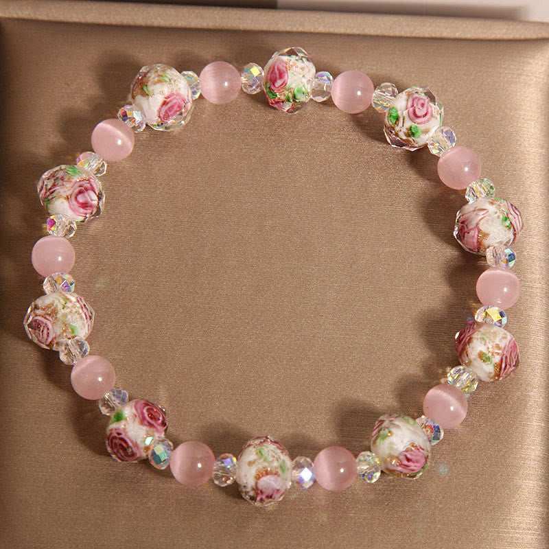 Rose Quartz and Liuli Glass Bead Bracelet with Clear Quartz and Cat's Eye