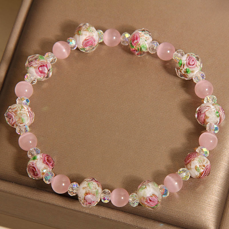 Rose Quartz and Liuli Glass Bead Bracelet with Clear Quartz and Cat's Eye