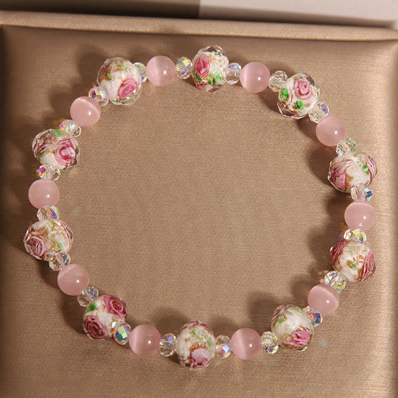 Rose Quartz and Liuli Glass Bead Bracelet with Clear Quartz and Cat's Eye