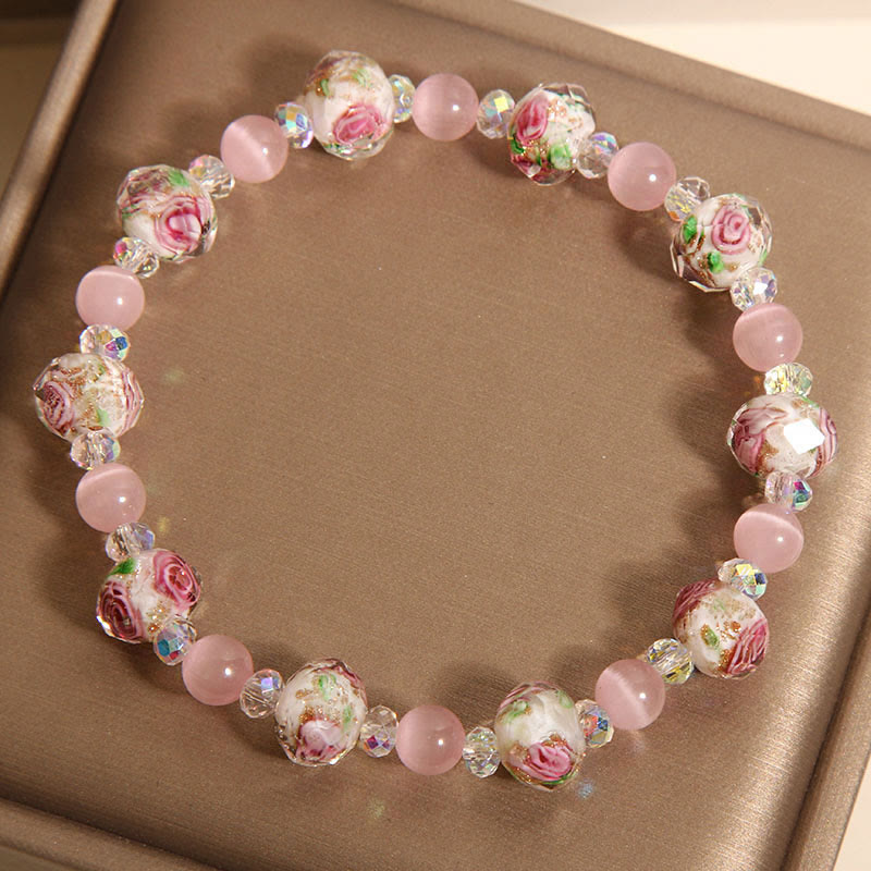 Rose Quartz and Liuli Glass Bead Bracelet with Clear Quartz and Cat's Eye