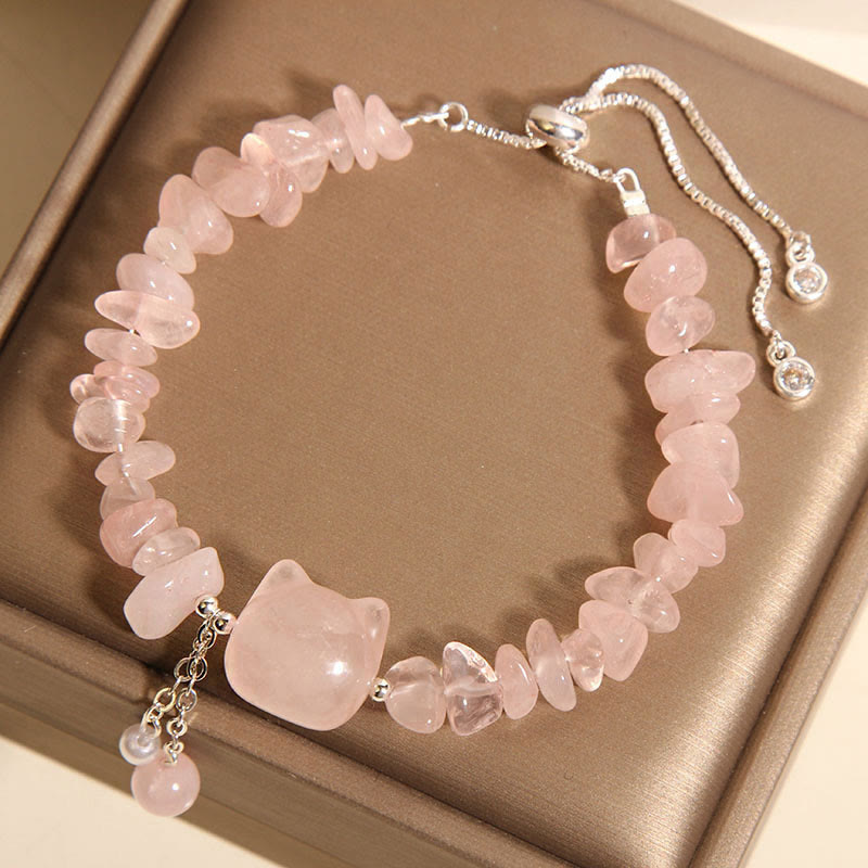 Natural Pink Crystal Agate Gravel Stone Cat Head Soothing Bracelet