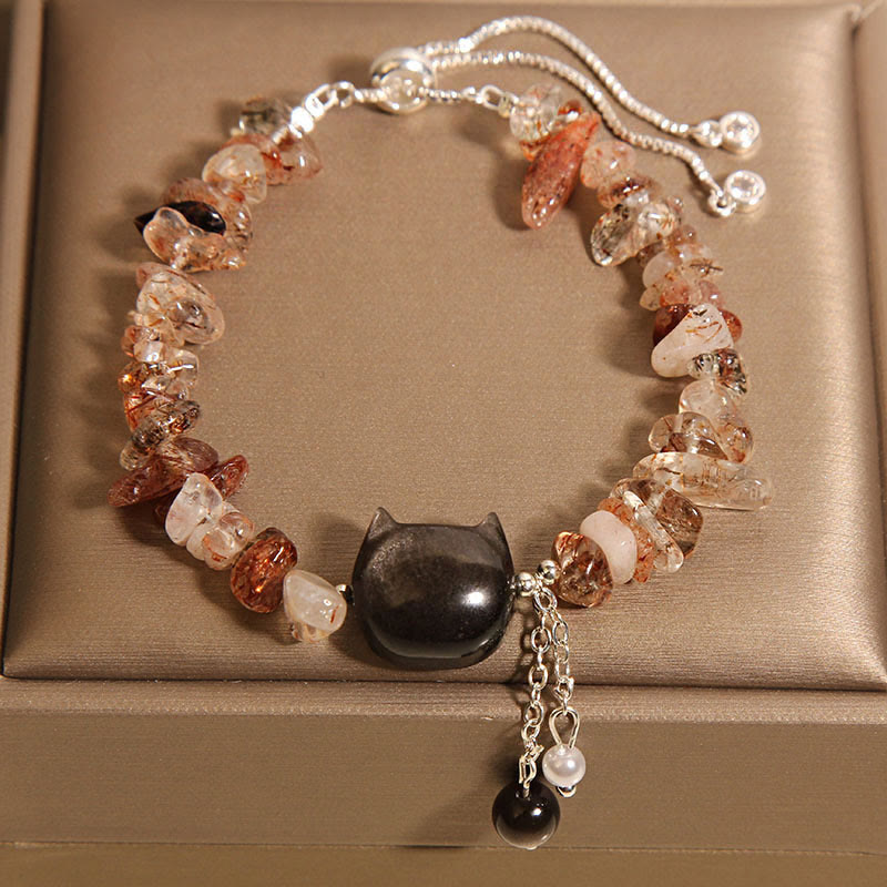Natural Pink Crystal Agate Gravel Stone Cat Head Soothing Bracelet