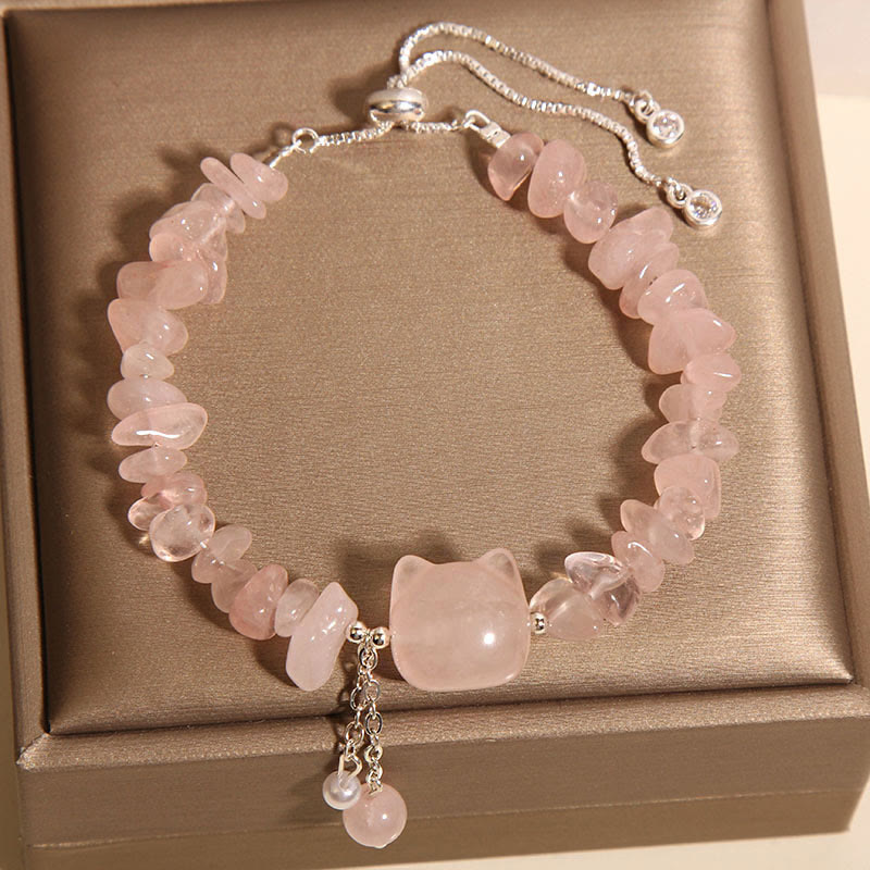 Natural Pink Crystal Agate Gravel Stone Cat Head Soothing Bracelet
