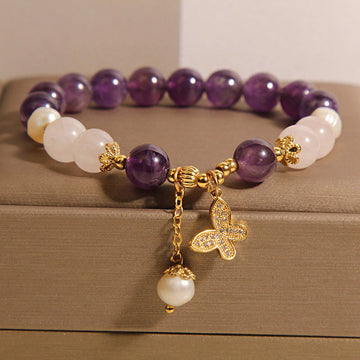 Natural Amethyst Pearl & Clear Quartz Butterfly Charm Crystal Bracelet