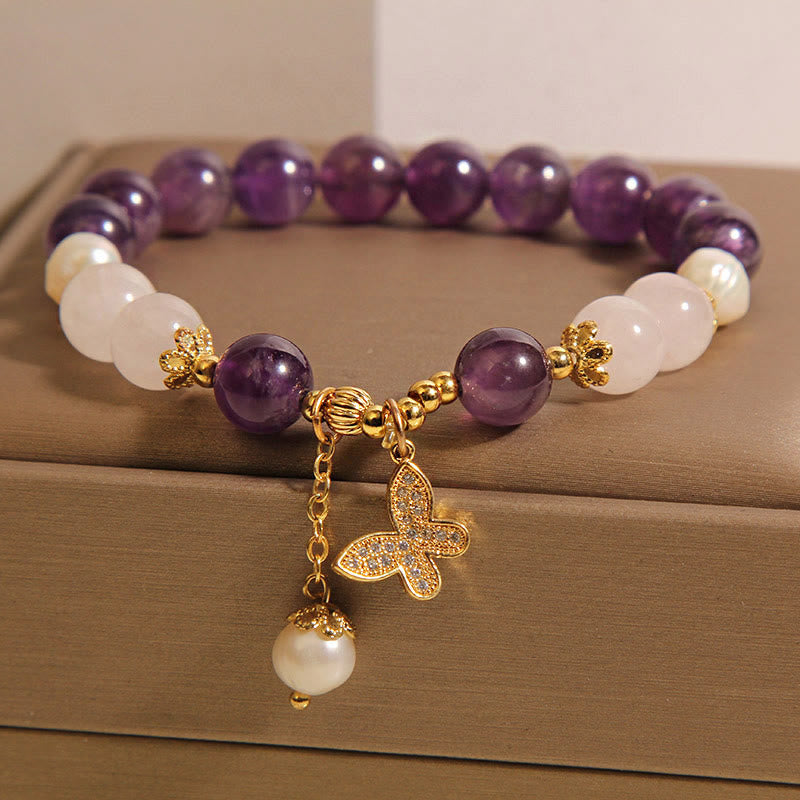 Natural Amethyst Pearl & Clear Quartz Butterfly Charm Crystal Bracelet