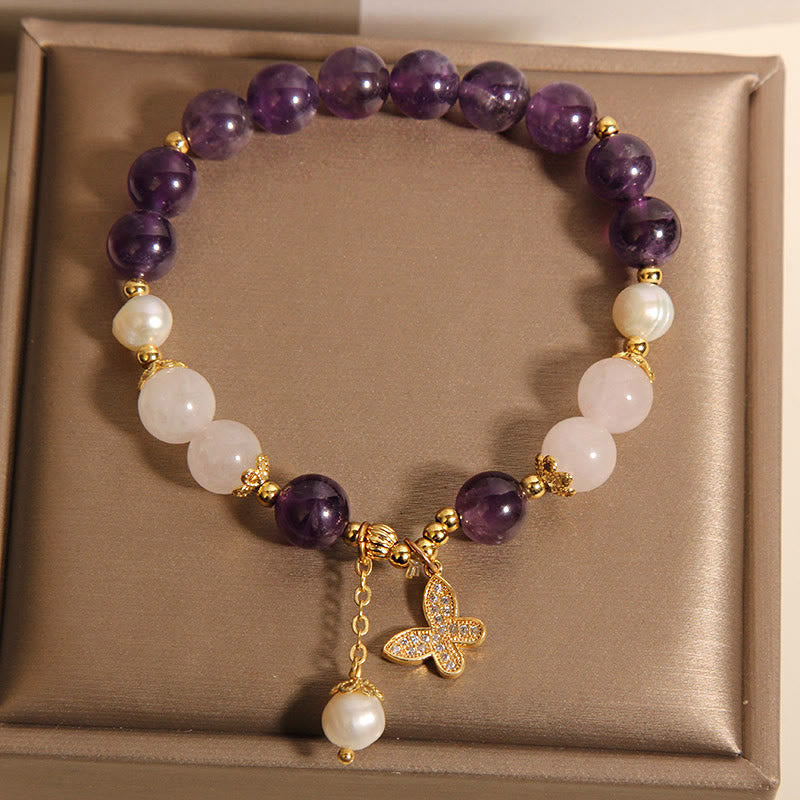 Natural Amethyst Pearl & Clear Quartz Butterfly Charm Crystal Bracelet