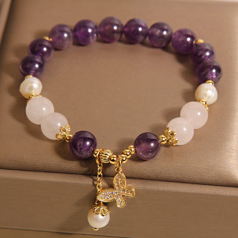 Natural Amethyst Pearl & Clear Quartz Butterfly Charm Crystal Bracelet
