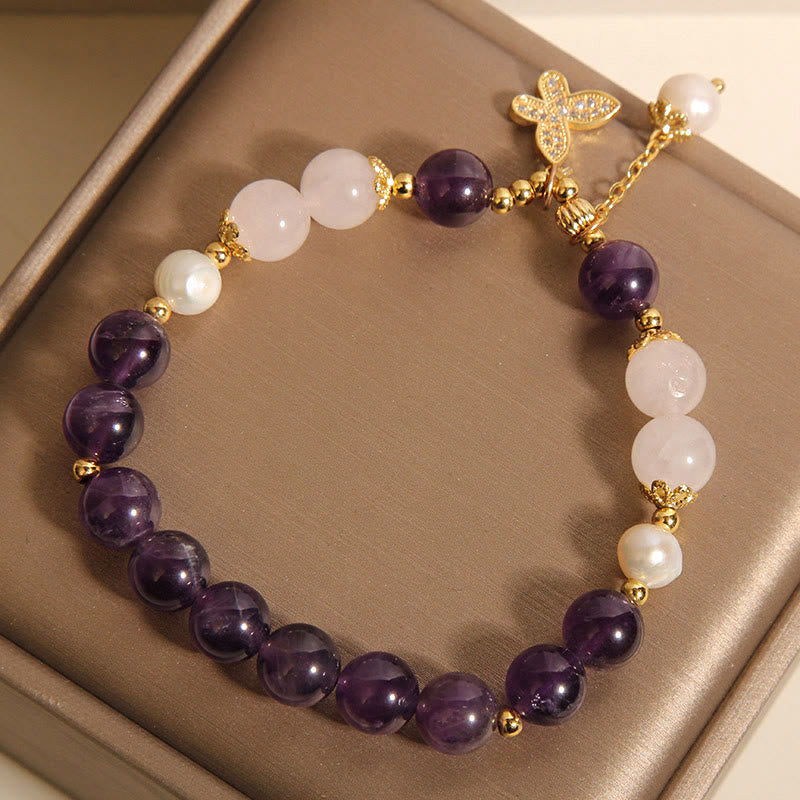 Natural Amethyst Pearl & Clear Quartz Butterfly Charm Crystal Bracelet