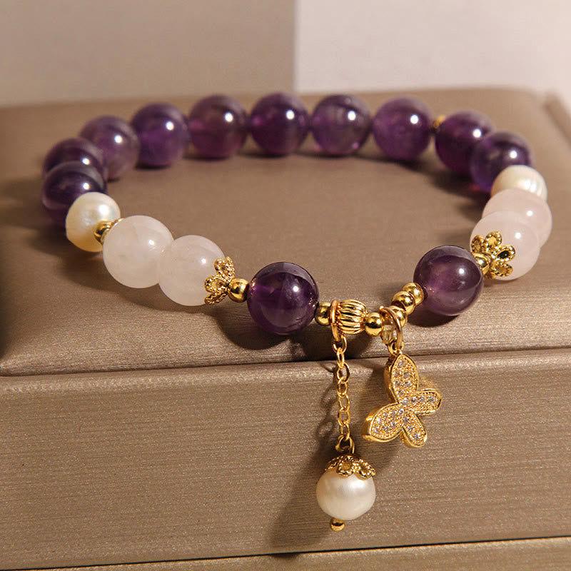 Natural Amethyst Pearl & Clear Quartz Butterfly Charm Crystal Bracelet