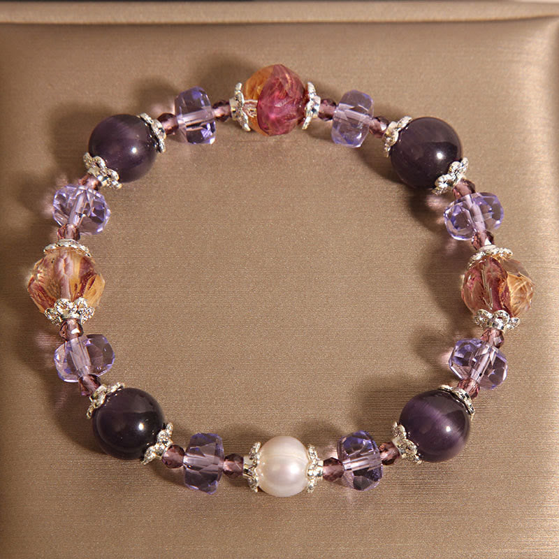 Natural Amethyst Pearl and Clear Quartz Crystal Beaded Bracelet for Women