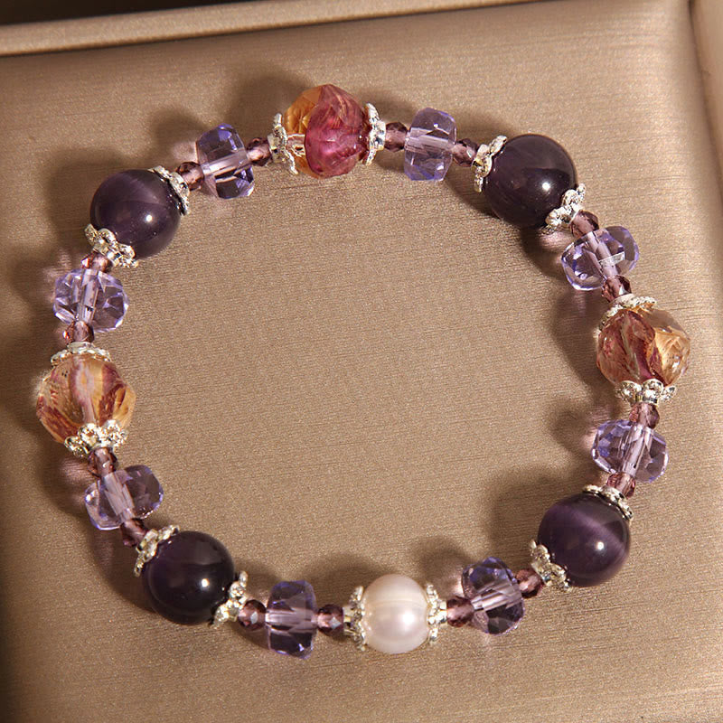 Natural Amethyst Pearl and Clear Quartz Crystal Beaded Bracelet for Women