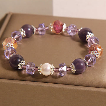 Natural Amethyst Pearl and Clear Quartz Crystal Beaded Bracelet for Women