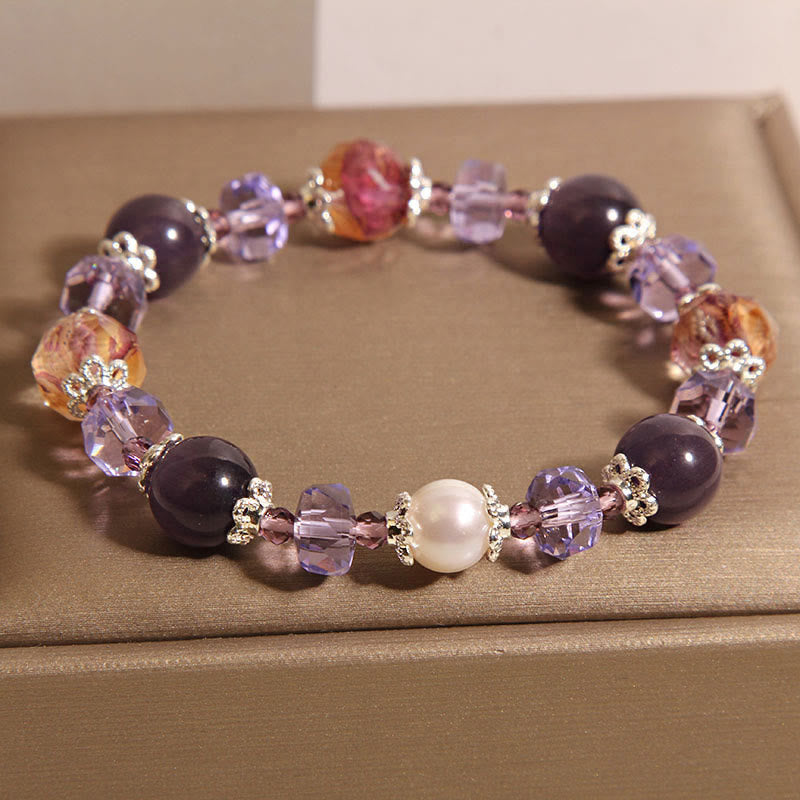 Natural Amethyst Pearl and Clear Quartz Crystal Beaded Bracelet for Women