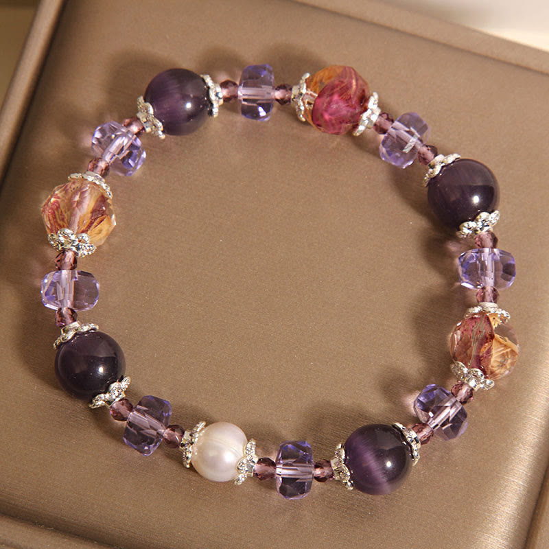 Natural Amethyst Pearl and Clear Quartz Crystal Beaded Bracelet for Women