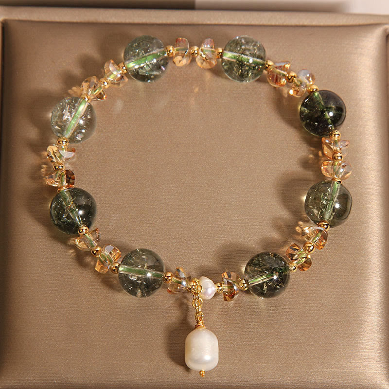 Natural Green Phantom Pearl Gravel Crystal Stone Confidence Bracelet