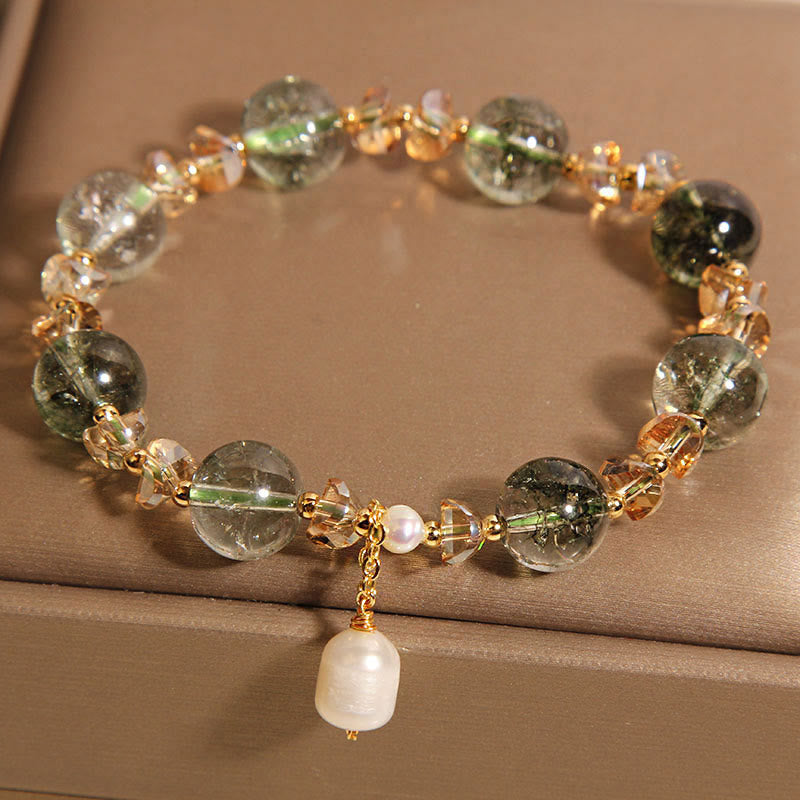 Natural Green Phantom Pearl Gravel Crystal Stone Confidence Bracelet