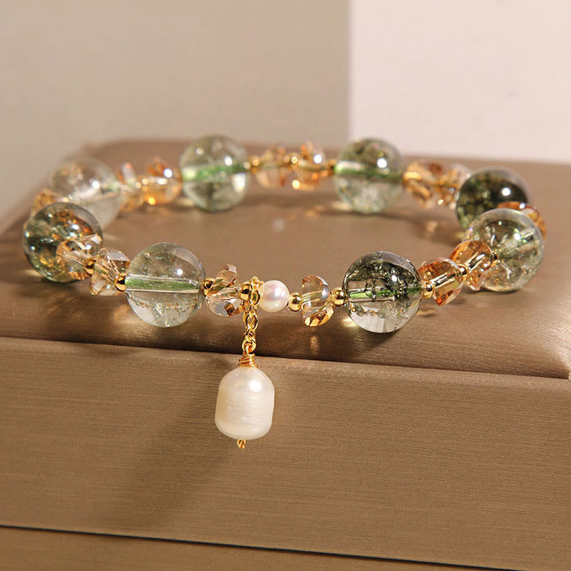 Natural Green Phantom Pearl Gravel Crystal Stone Confidence Bracelet