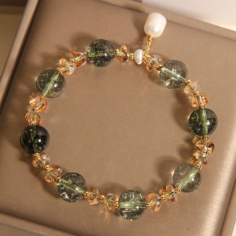 Natural Green Phantom Pearl Gravel Crystal Stone Confidence Bracelet