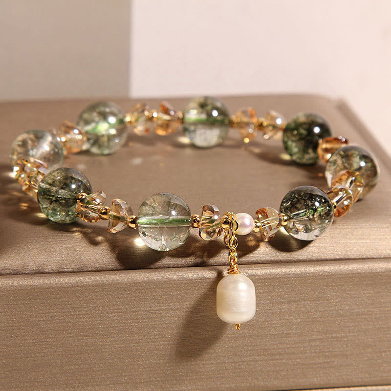 Natural Green Phantom Pearl Gravel Crystal Stone Confidence Bracelet