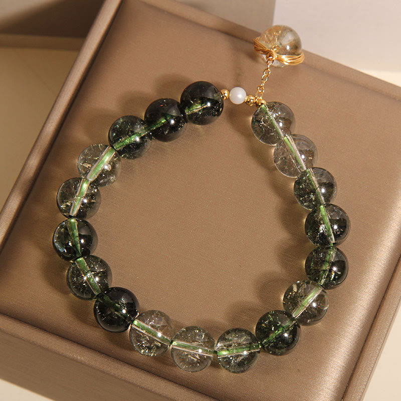 Natural Green Phantom Quartz and Pearl Crystal Energy Bracelet