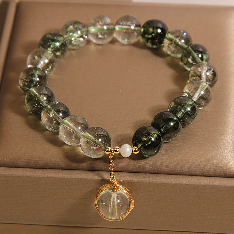 Natural Green Phantom Quartz and Pearl Crystal Energy Bracelet
