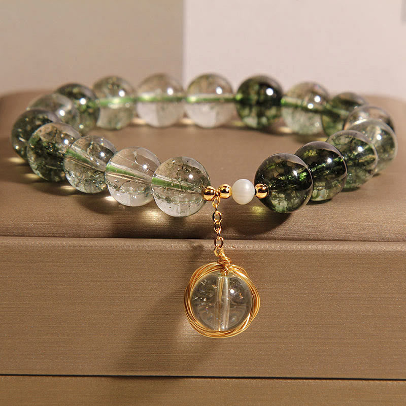 Natural Green Phantom Quartz and Pearl Crystal Energy Bracelet