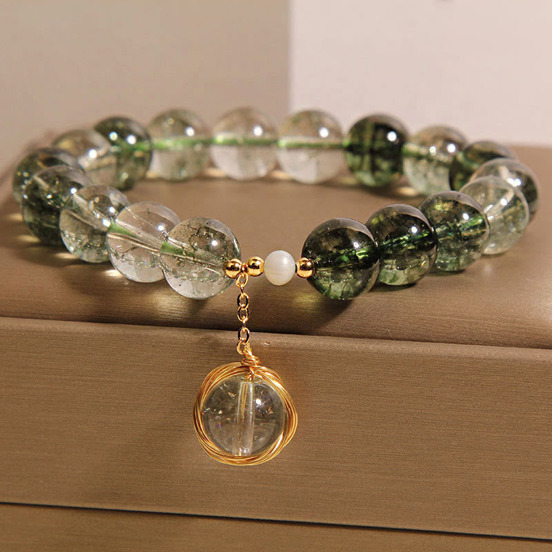 Natural Green Phantom Quartz and Pearl Crystal Energy Bracelet