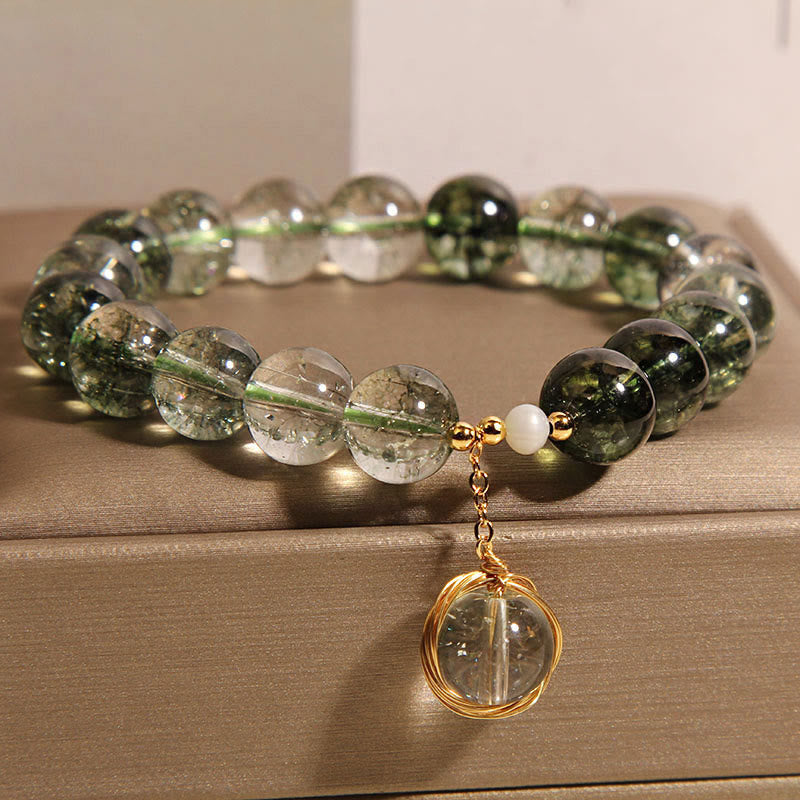 Natural Green Phantom Quartz and Pearl Crystal Energy Bracelet