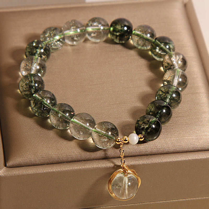 Natural Green Phantom Quartz and Pearl Crystal Energy Bracelet