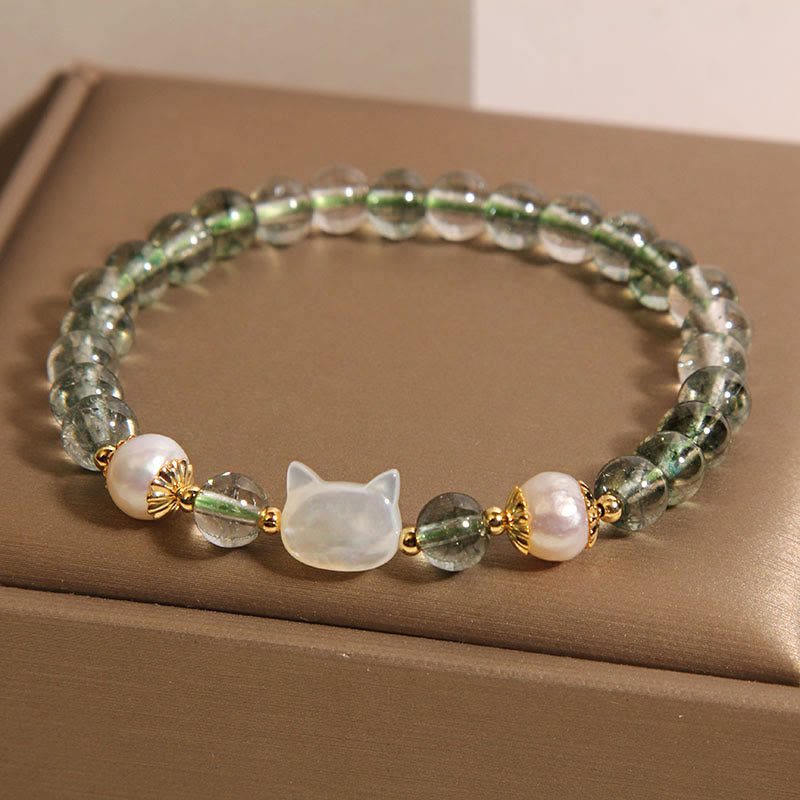 Natural Green Phantom Pearl Shell Cat Head Lucky Bracelet