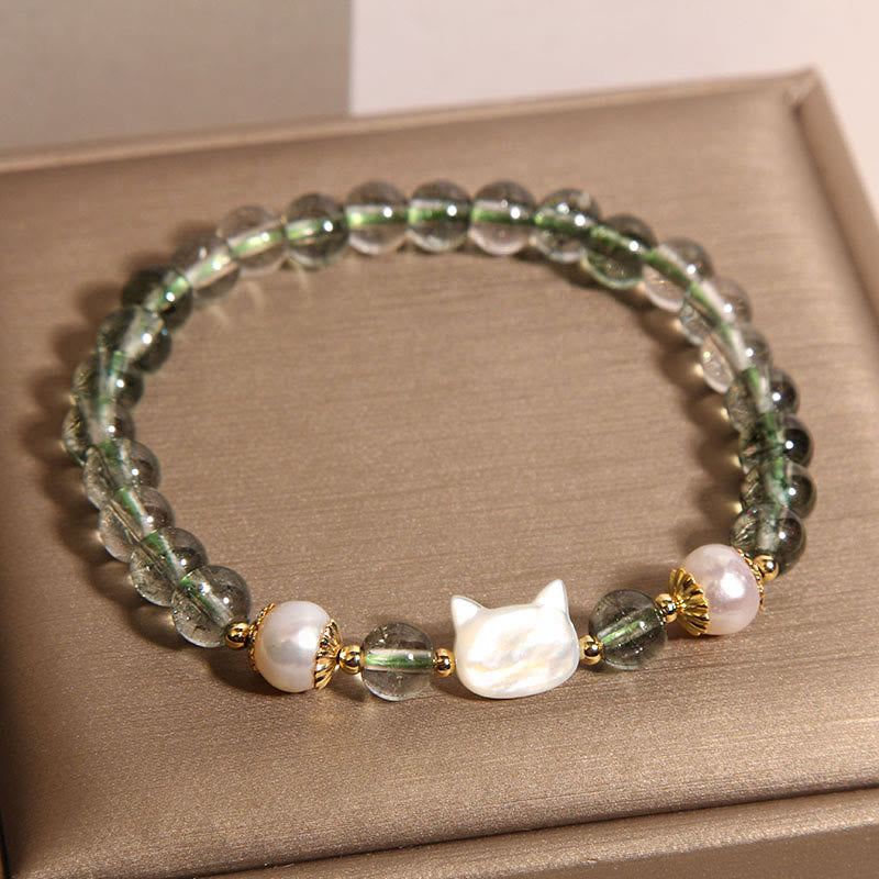 Natural Green Phantom Pearl Shell Cat Head Lucky Bracelet