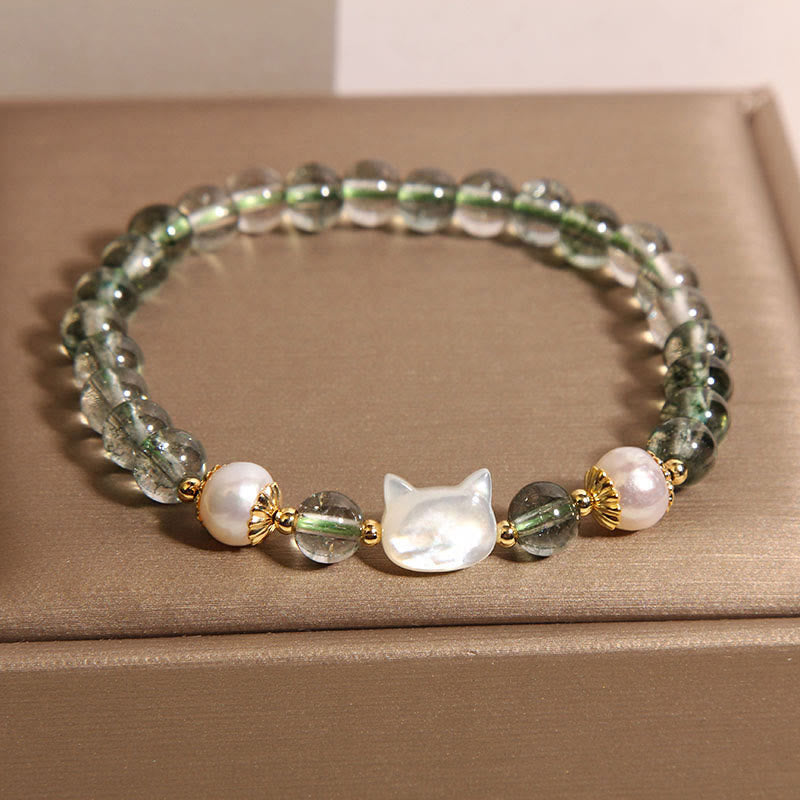 Natural Green Phantom Pearl Shell Cat Head Lucky Bracelet