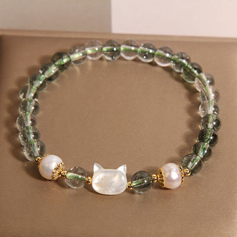Natural Green Phantom Pearl Shell Cat Head Lucky Bracelet