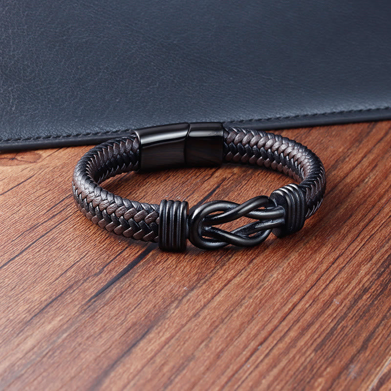 Endless Knot Pattern Titanium Steel Balance Leather Buckle Bracelet