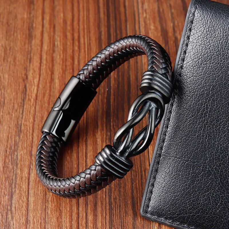 Endless Knot Pattern Titanium Steel Balance Leather Buckle Bracelet