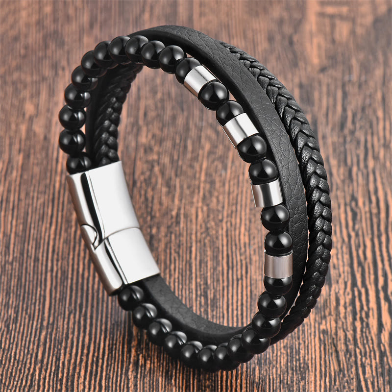 Frosted Stone Multi-layer Leather Titanium Steel Balance Buckle Bracelet