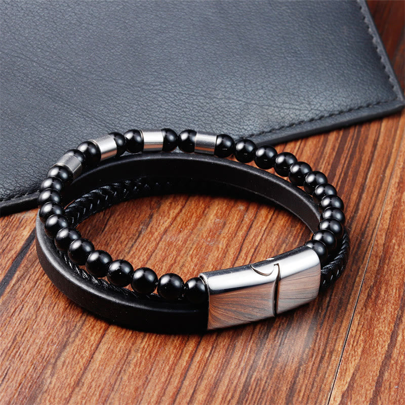 Frosted Stone Multi-layer Leather Titanium Steel Balance Buckle Bracelet